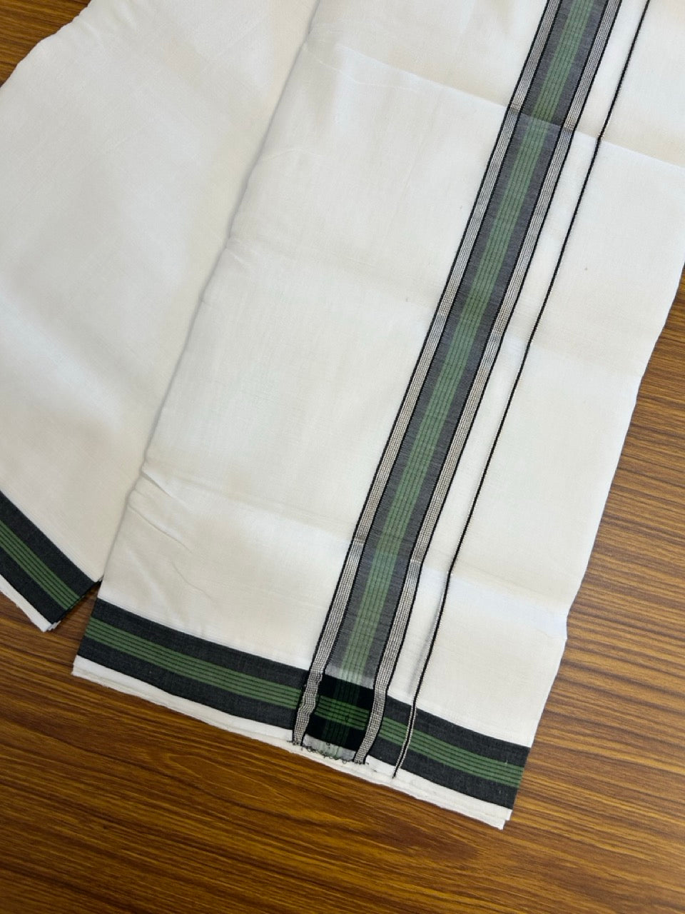25% Discount!! NEW ULTRA PURE WHITE HANDLOOM Balaramapuram - 100% MERCERISED Cotton Double Mundu/Dhoti - 120 twisted warp x 80s weft - Green Black Silver Kasav Kara- 18KK5248 REA