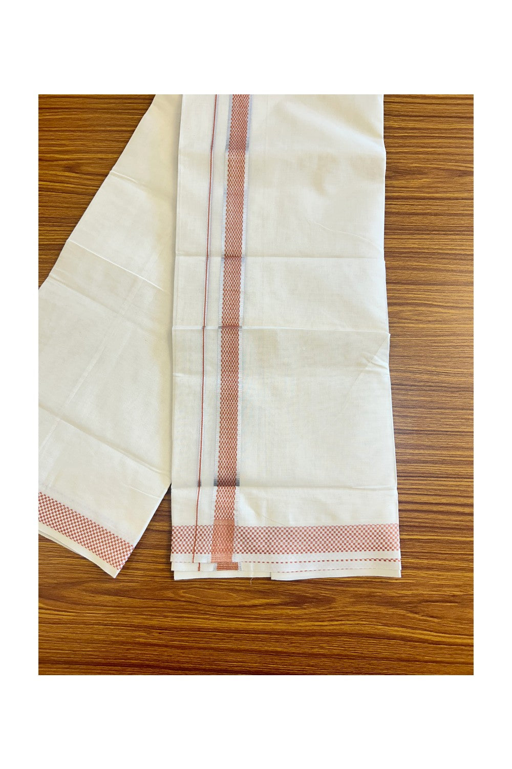 21% DISCOUNT ! KaithariKada Balaramapuram 100% Cotton Double off white (Unbleached) Mundu/Dhoti - 100X100 Silver kasavu brown check design kara - 18KK78PMC