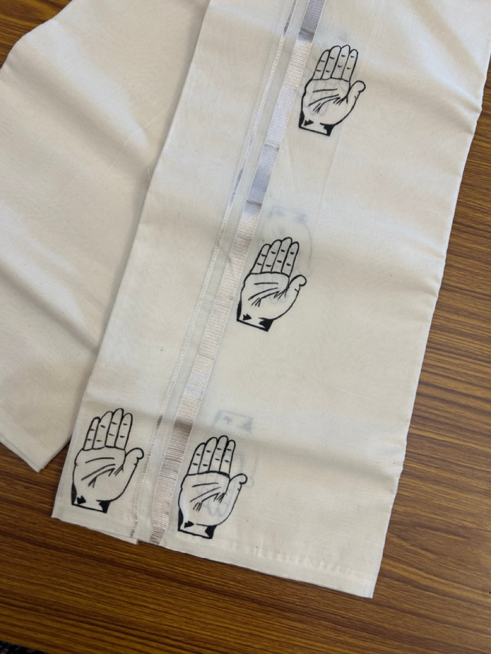 Congress Veshti - KaithariKada Balaramapuram 100% Cotton Double Off white - (Unbleached) Mundu/Dhoti-100x80 - 0.5 inch Hand Painted Silver Kasav & Kaipathi Design Kara 3.80 mtr (8 muzham) - 19 KK5244 ASH