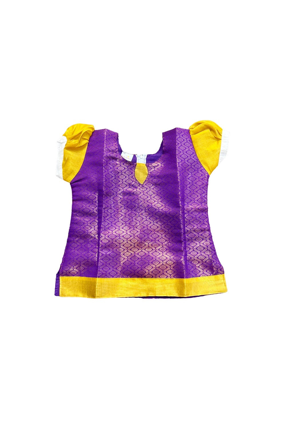 Midukki-Traditional South Indian Kids Pattu Pavada- Violet brocade top offwhite skirt with kasavu krishna print- Age 8 - KK8MID0018