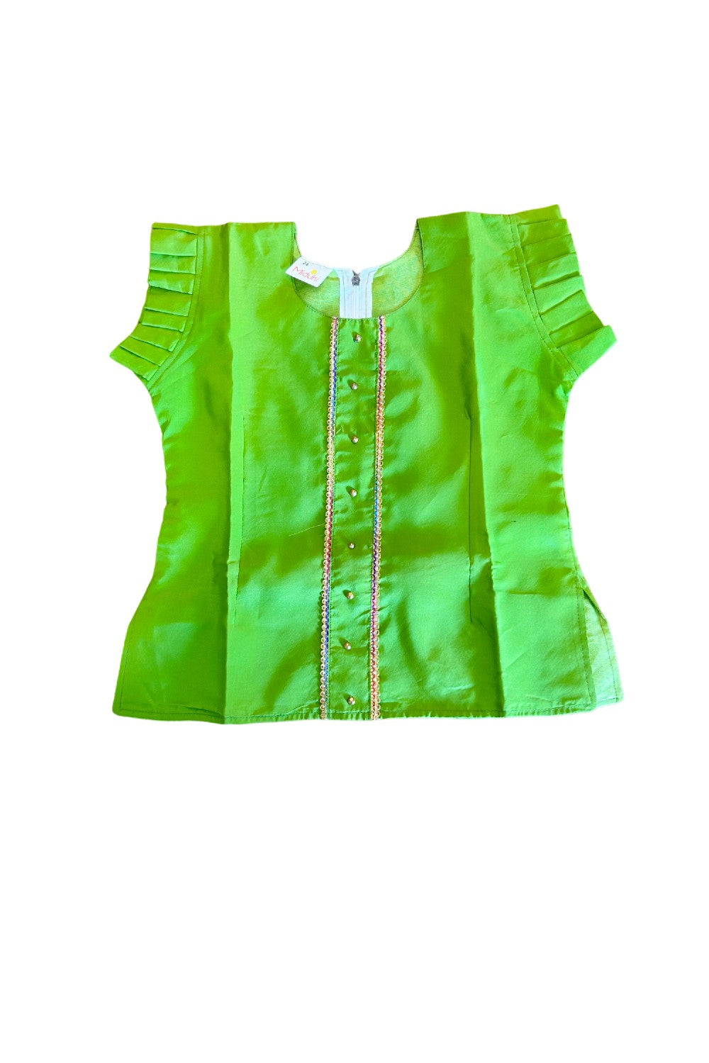 Midukki-Traditional South Indian Kids Pattu Pavada- Lime green top offwhite check skirt - Age 6 - KK6MID0018