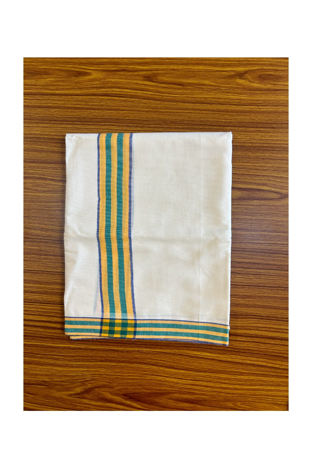 15% Discount!! KaithariKada - Kerala Cotton SINGLE SET MUND FOR WOMEN - EXTRA LENGTH -Blue, Yellow & Green Stripes Mulloth Kara- 18KK472CKA