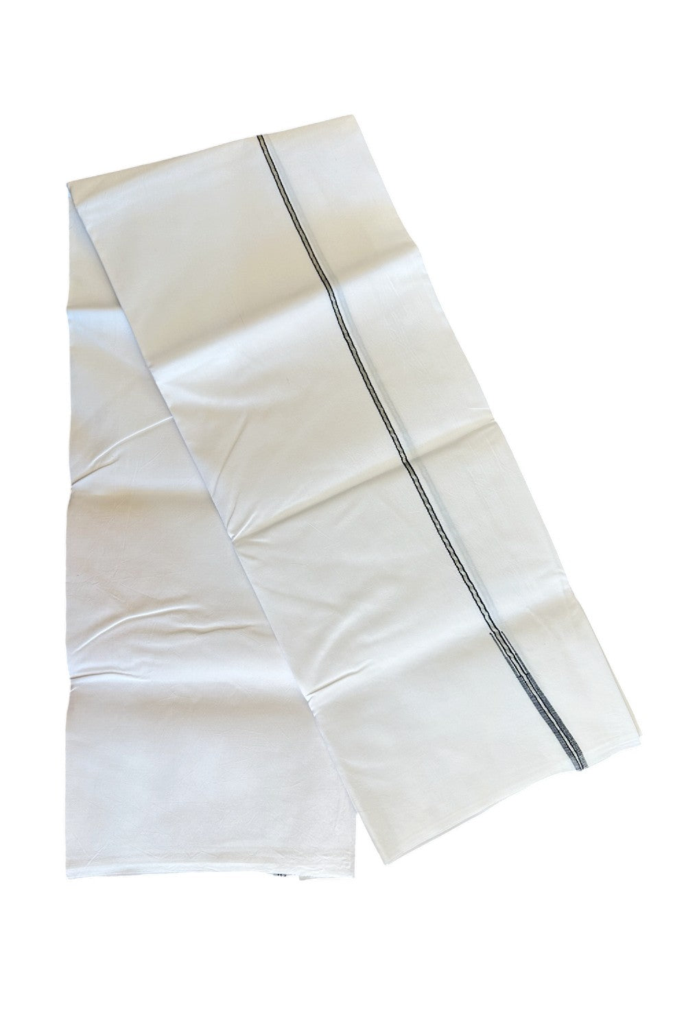 18% DISCOUNT!! KaithariKada Balaramapuram 100% Cotton PURE WHITE Single Mundu/Dhoti-100x100 Puliyilakkara Silver kasavu black chutty (2 meter / 4 muzham) - 19KK487KK