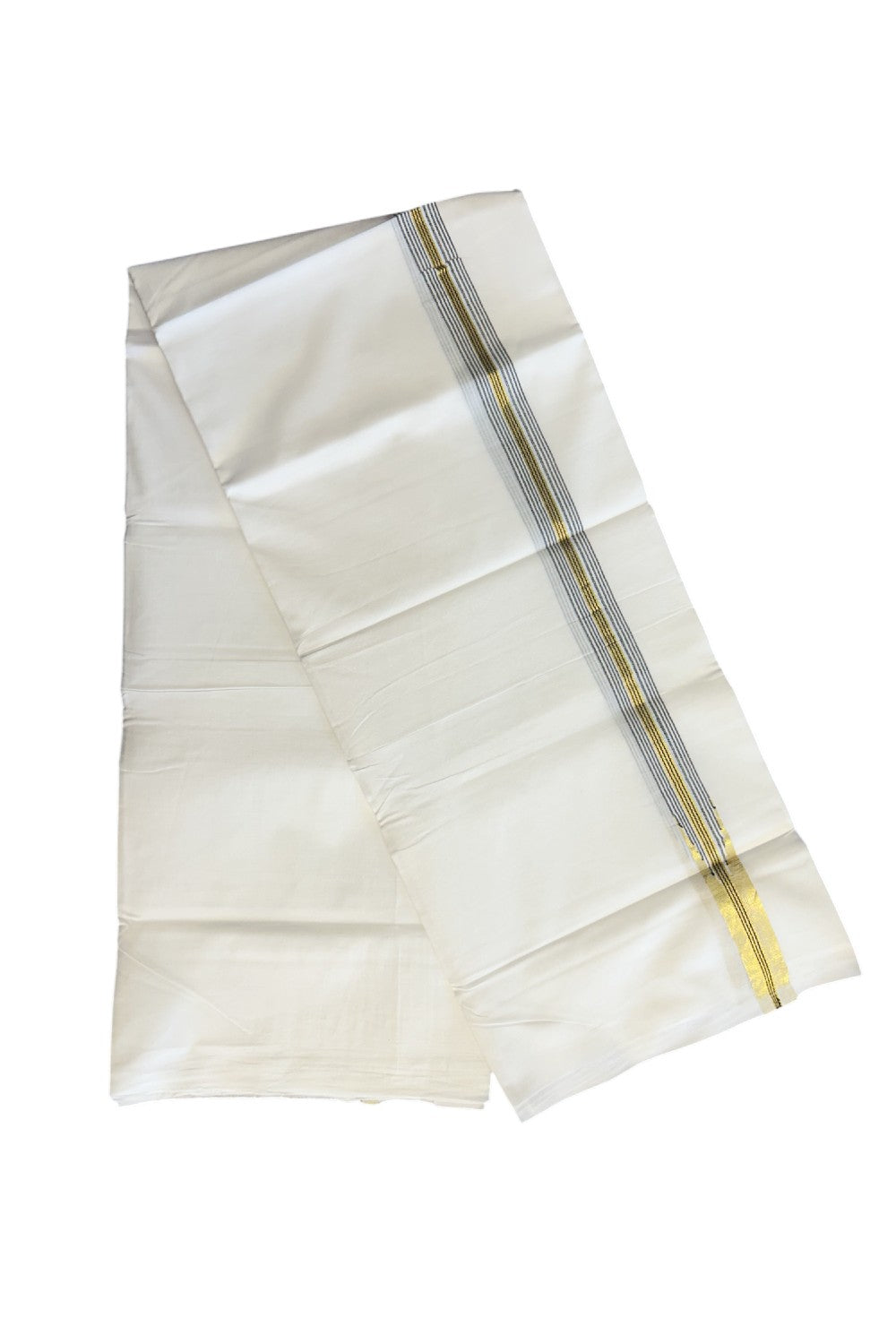 SHORT DHOTI SPECIAL! Kaitharikada.com - 20% Discount! Balaramapuram Double PURE WHITE Mundu/Dhoti - 100X100 - 1 inch Kara & 46 inches Height Puliyilakkara Chutty Gold Kasavu & Black Striped Kara - 17KK5146ASH