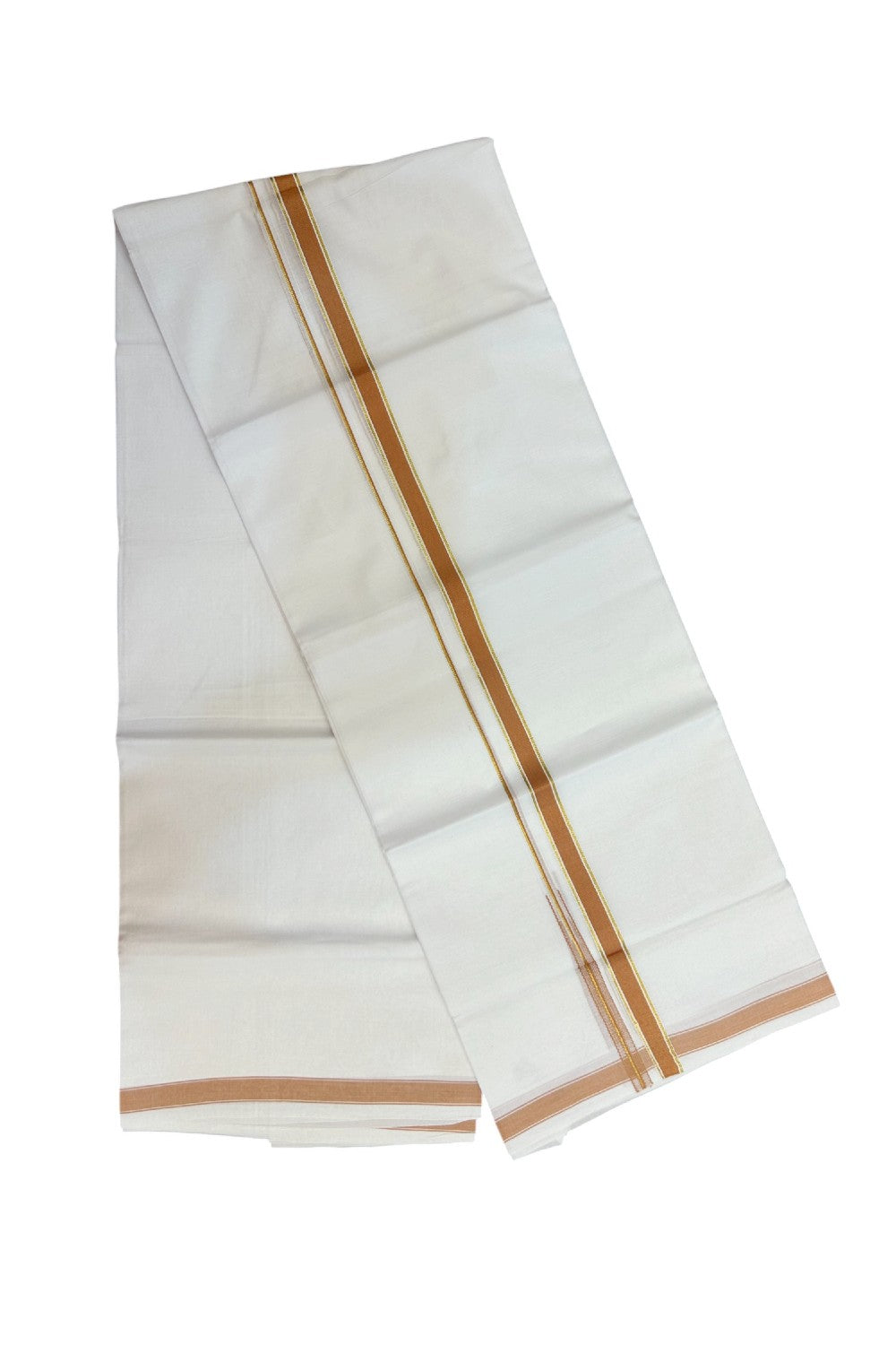 20% DISCOUNT!! KaithariKada Balaramapuram 100% Cotton PURE WHITE Double Mundu/Dhoti-100x80 - 0.5 inch Orange Brown Kasav Chutty Kara - 19KK5191CKS