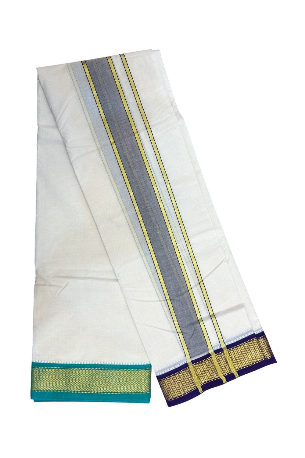 20% DISCOUNT! KaithariKada 100% Cotton Off White - (Unbleached) 100x100 thread - NORTH INDIAN- ATTACHED GAMCHA 9X5 Dhoti 2 inch Dark Brown kara with Deep Violet & Jade Green Kasavu border- 19KK5196PMC