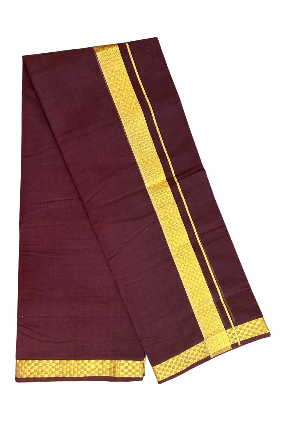 25% Discount! KaithariKada Handloom UNAKKUPAAV Balaramapuram - 100% Cotton Double Mundu/Dhoti - Wine Purple Colour Body - 1.75 inch Gold Kasavu Jacquard Design Kara - 19KK5208ABH