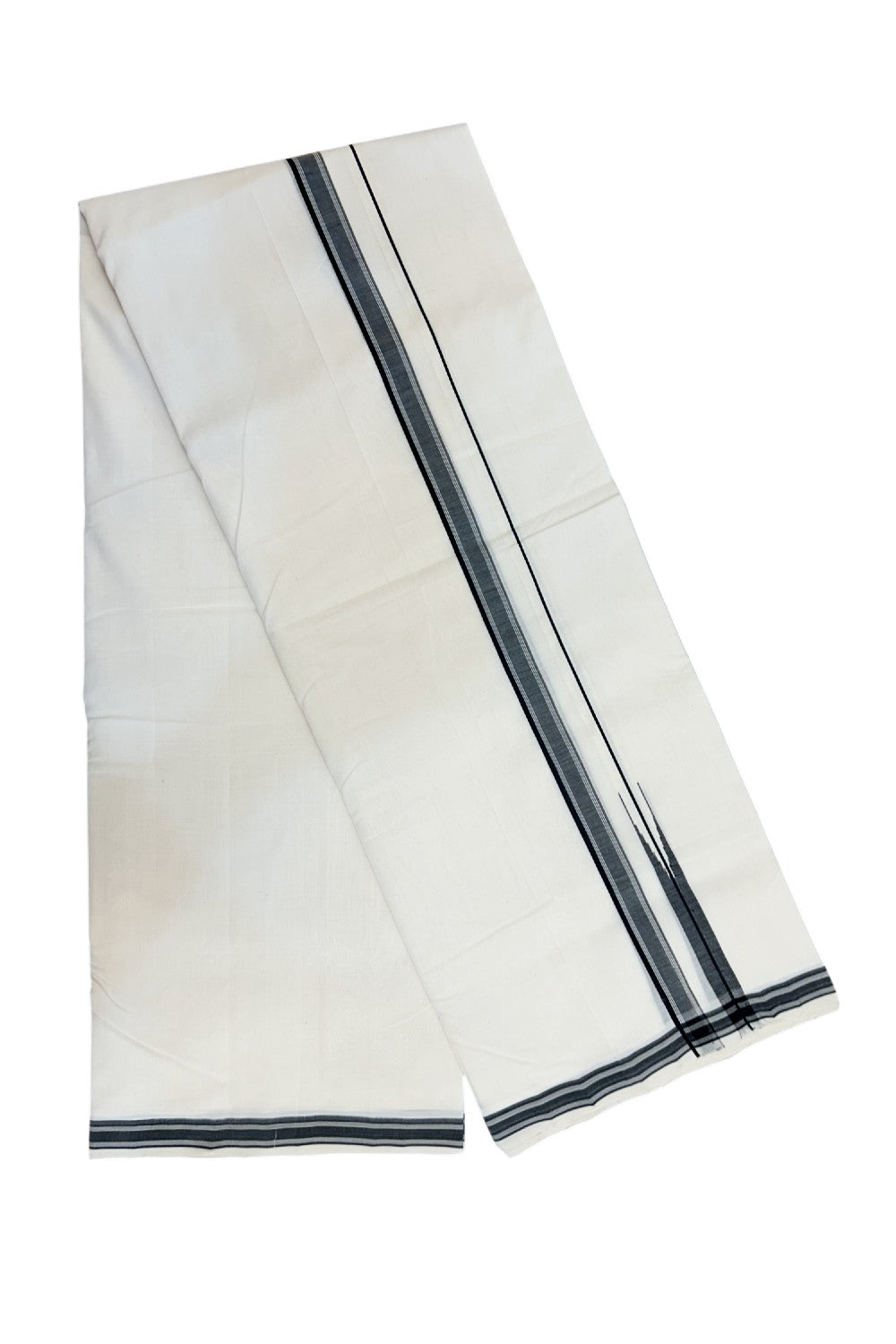 25% DISCOUNT!! KaithariKada HANDLOOM UNAKKUPAAV Balaramapuram - 100% PURE Cotton OFF White - (Unbleached) Double Mundu/Dothi - 80X100 - 0.75 inch Puliyilakkara Black Striped chutty - 19KK5209 REA