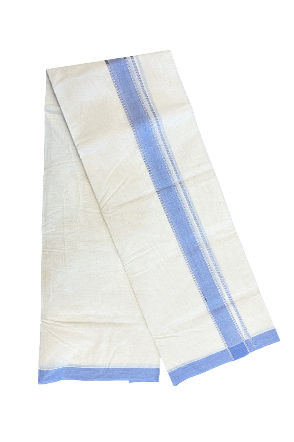 NEW !! 20% DISCOUNT!! KaithariKada Balaramapuram 100% Cotton Double Off white - (Unbleached) Mundu/Dhoti-100x80 - 1.5 inch Silver Kasavu & Lavender Blue Shaded Striped KARA - 3.75 mtr (8 Muzham) - 19KK5218 ASH