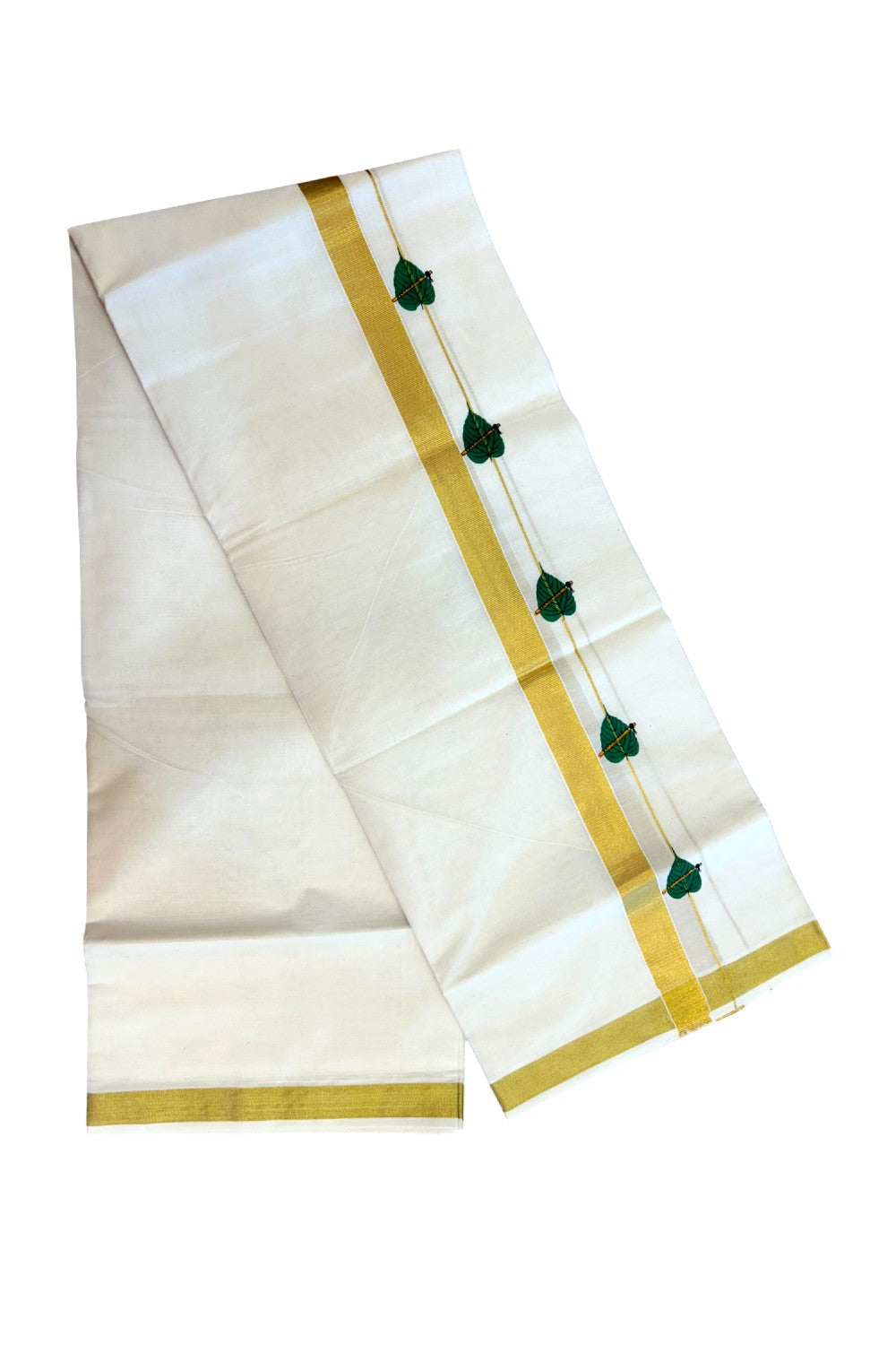 22% Discount!! KaithariKada Balaramapuram 100% Cotton DOUBLE OFF WHITE - (Ubleached) Mundu/Dhoti - 80x90 - 1 inch Gold Kasavu with Green Leaf & Flute Printed Design Kara - 19KK5219 GAN