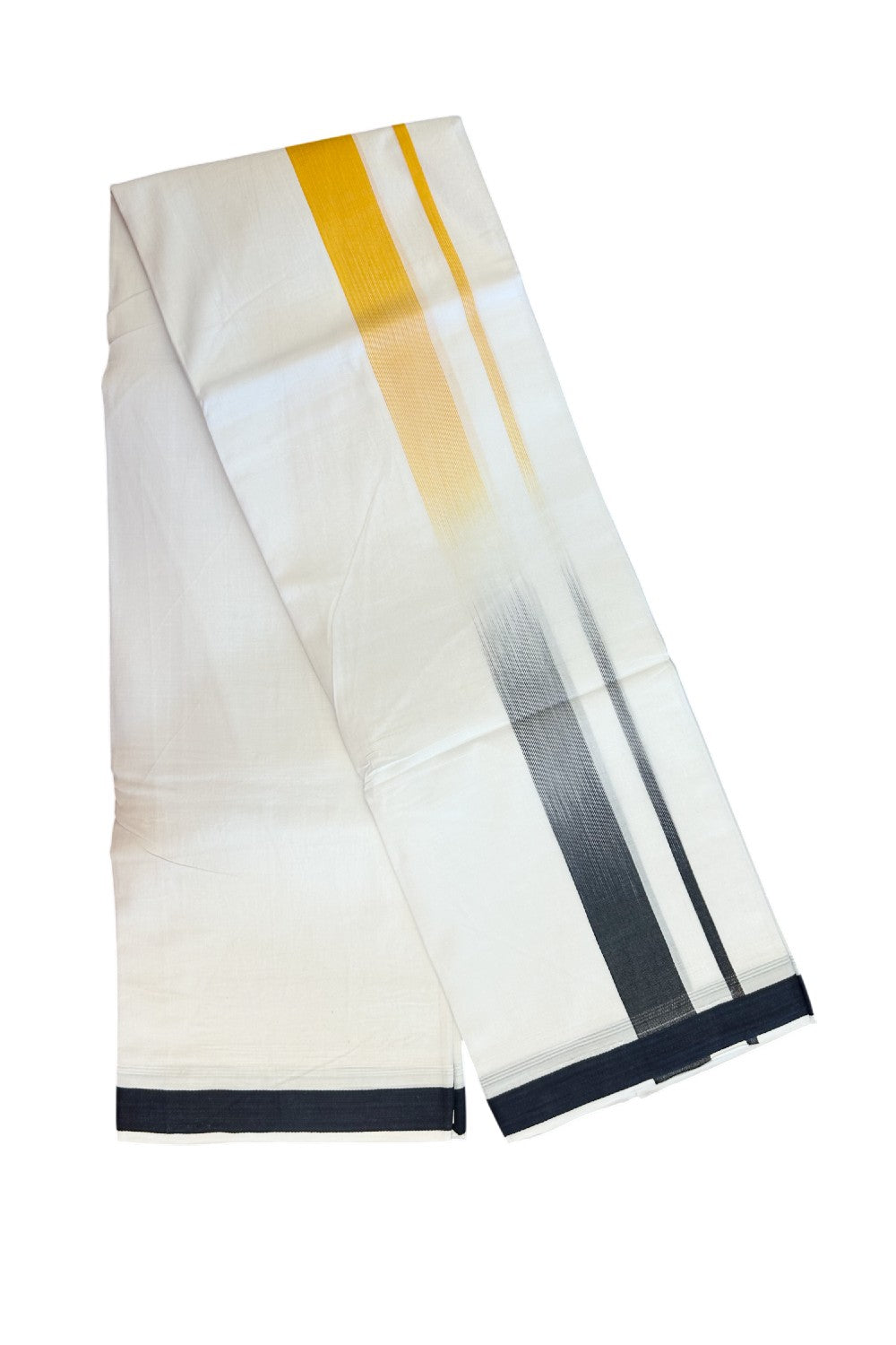 20% Discount!!! KaithariKada Balaramapuram Double PURE WHITE RAINBOW Mundu/Dhoti - 100X80 - 1.5 inch Black & Orange Yellow shaded Striped Designer Kara - 19KK5220 THI