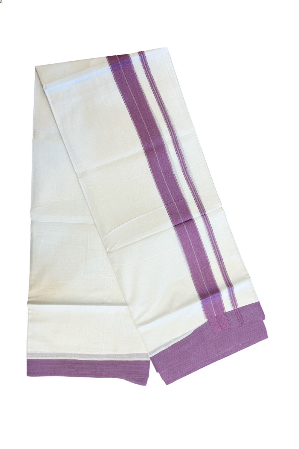 20% DISCOUNT! KaithariKada Balaramapuram 100% Cotton Double Pure white Mundu/Dhoti- 100x80 - 1.75 inch Purple Pink Striped Kara - 3.76mtr ( 8 muzham) - 19KK5227 PMC