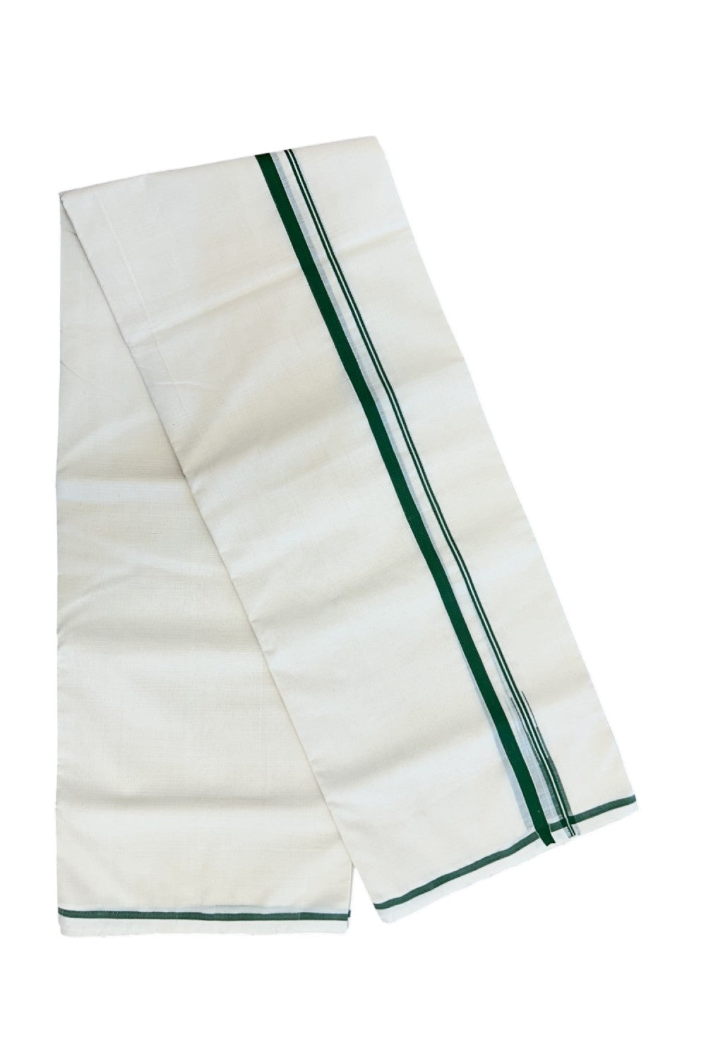 25% Discount KaithariKada HANDLOOM Millpaav Balaramapuram - 100% PURE Cotton OFF WHITE (Unbleached) Double Mundu/Dhoti - 80X90 - Puliyilakkara 1 cm Green Chutty Kara 4 mtr (8.5 muzham)- 19KK5234 RAM