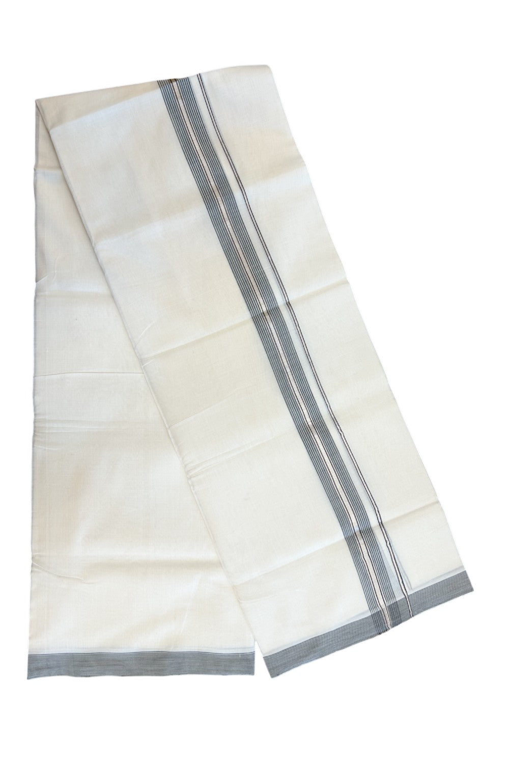 25% Discount! KaithariKada HANDLOOM UNAKKUPAAV Balaramapuram - 100% PURE Cotton OFF WHITE (Unbleached) Double Mundu/Dhoti - 80x90 - 1.25 inch Silver kasavu Black & White striped kara 4 Mtr (8.5 Muzham) - 19KK5235 YAR