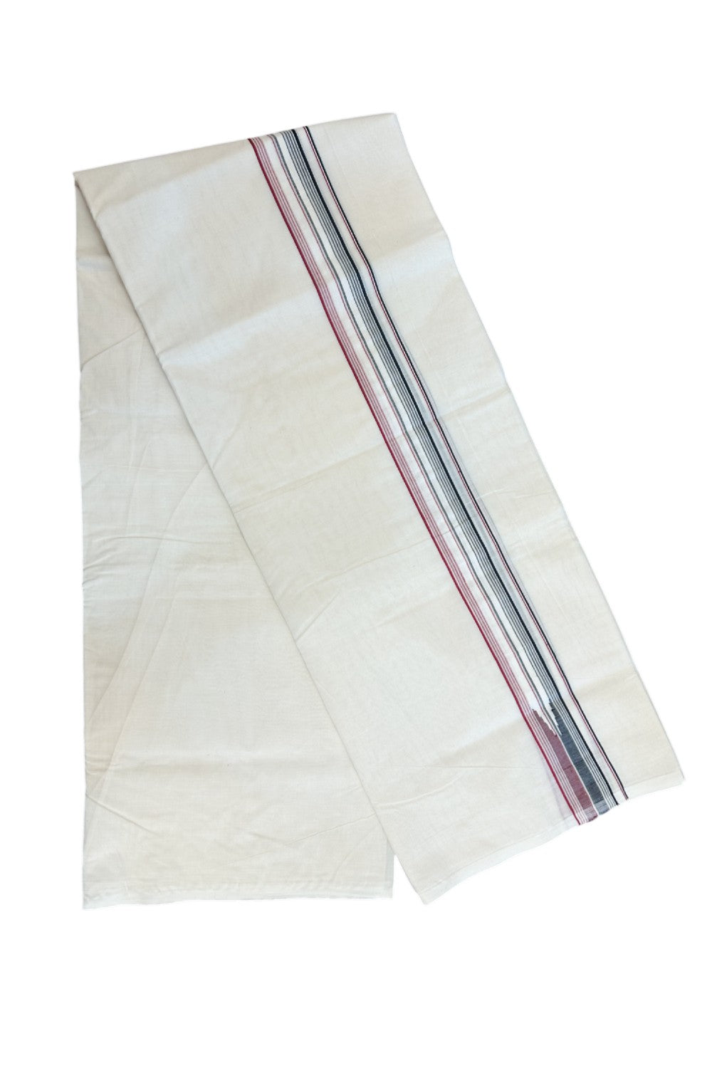 ADMK VESHTI 20% Discount !! KaithariKada Balaramapuram Double Off white - (Unbleached) Mundu/Dhoti - 100X100 - 1.5 inch Puliyilakkara Maroon Red & Black Striped Chutty Kara -4 mtr (8.5 muzham)- 19KK5238 ASH