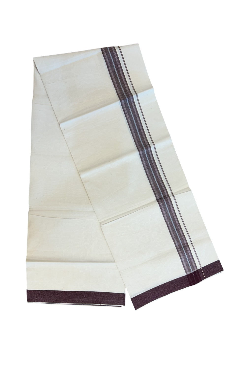 24% Discount !! KaithariKada Balaramapuram 100% Cotton OFF WHITE (Unbleached) Single Mundu/Dhoti - Twisted 60s Thread - 1.25 inch Silver kasavu Dark Maroon White & Navy blue shaded striped Kara (2 meter / 4 muzham) - 48KK5241 GL