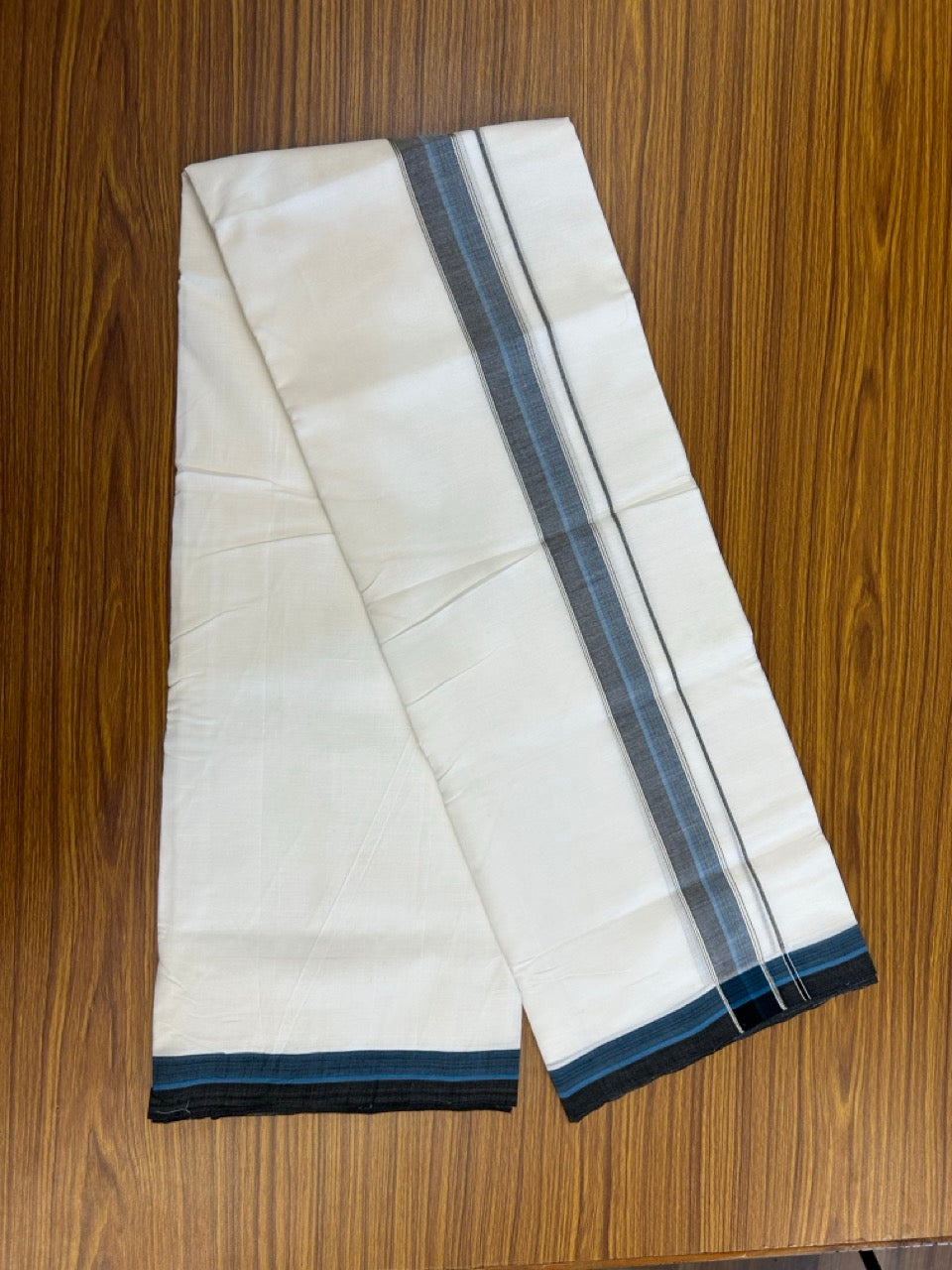 25% Discount!! NEW ULTRA PURE WHITE HANDLOOM Balaramapuram - 100% MERCERISED Cotton Double Mundu/Dhoti - 120 twisted warp x 80s weft - Blue Black Silver Kasav Kara- 19KK5248 REA