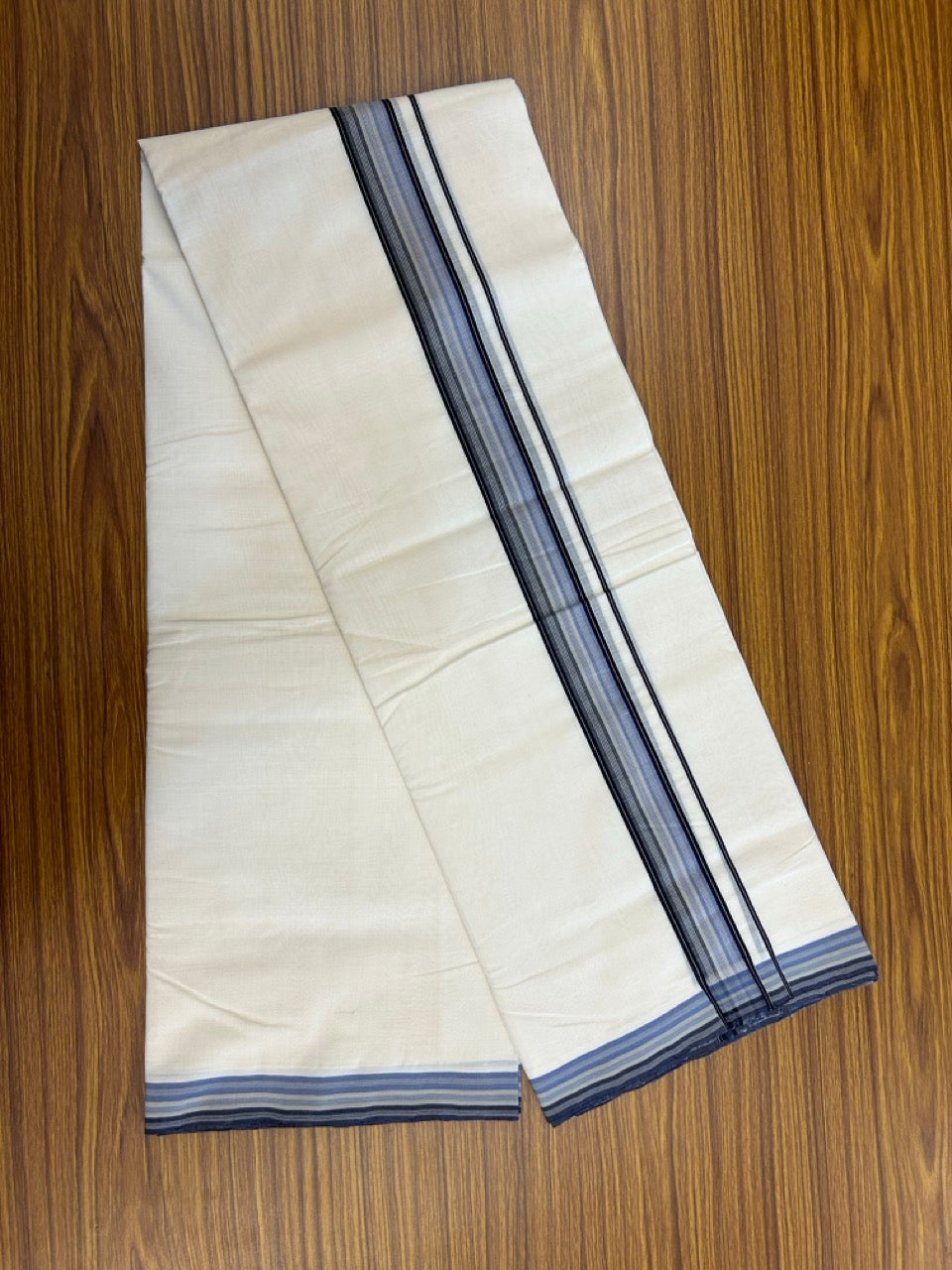 25% DISCOUNT!! KaithariKada HANDLOOM UNAKKUPAAV Balaramapuram - 100% PURE Cotton OFF White - (Unbleached) Double Mundu/Dothi - 100 x 80 - 1.5 inch Blue Black Ash Strip Kara 3.80 meter (8.5 mulam) - 19 KK5249 REA