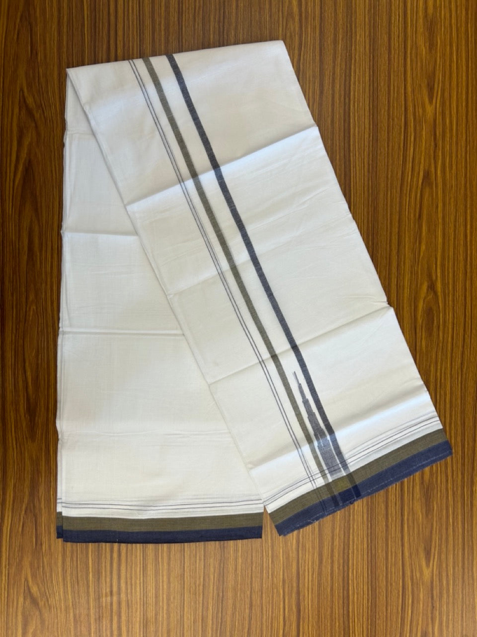 20% Discount ! NEW! KaithariKada Balaramapuram 100% Cotton Pure white Double Mundu/Dhoti - (100x80)s - 1.5 inch Navy Sage Green chutty - 19 KK5249 VIN