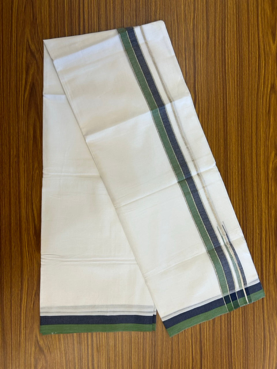 26% Discount ! NEW! KaithariKada Balaramapuram 100% Cotton Pure white Double Mundu/Dhoti - (100x80)s - Green Navy Blue Chutty Silver Kasav - 19 KK5252 CKS