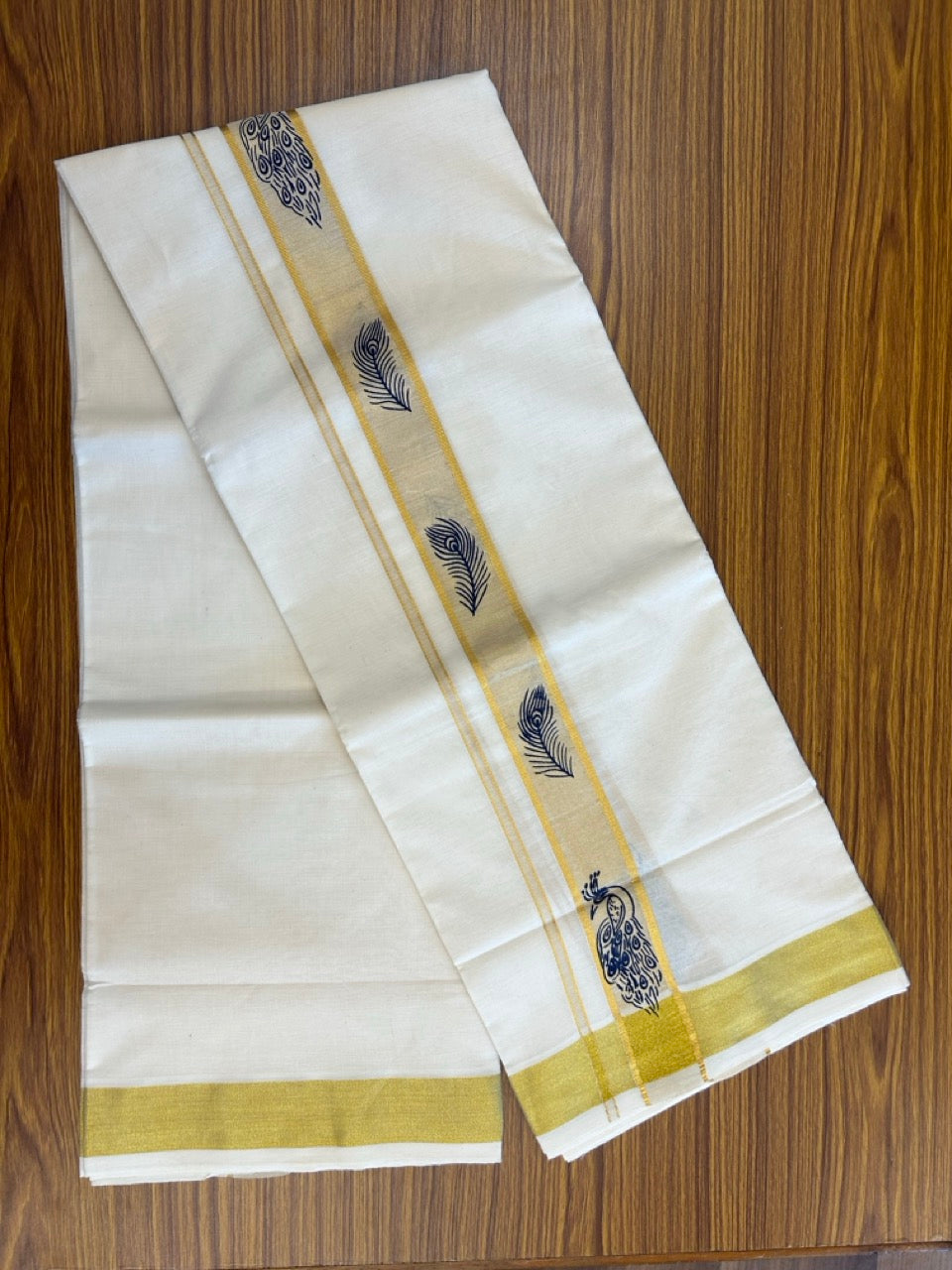 KaithariKada 100% Cotton Double Off White - (Ubleached) Mundu/Dhoti - 80x80 - 1.5 inch Gold Kasavu & Navy Blue Peacock Printed Design Kara - 4 mtr (8 muzham)- 19 KK5262 STH