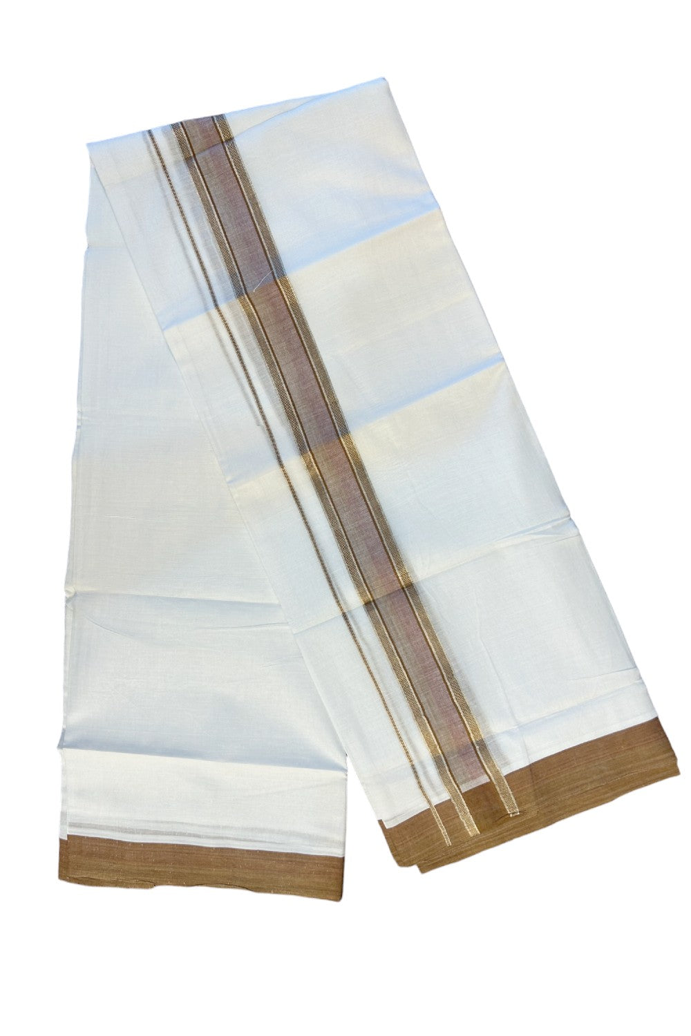 21% DISCOUNT!! Kaitharikada Balaramapuram 100% Cotton Ultra WHITE Double Mundu/Dothi-100x80 2.5 Inch BROWN & SILVER STRIPED Cotton Kara -19KK63VIN
