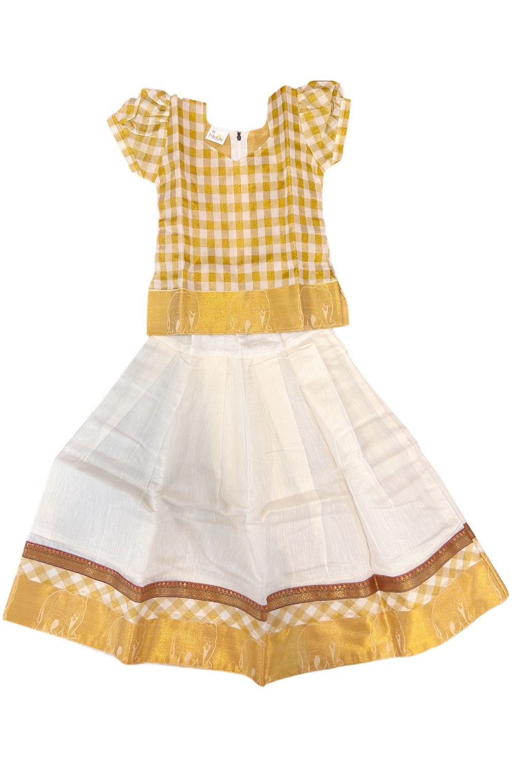 Midukki-Traditional South Indian Kids Pattu Pavada- Offwhite check top offwhite skirt with kasavu- Age 7 - KK7MID0022