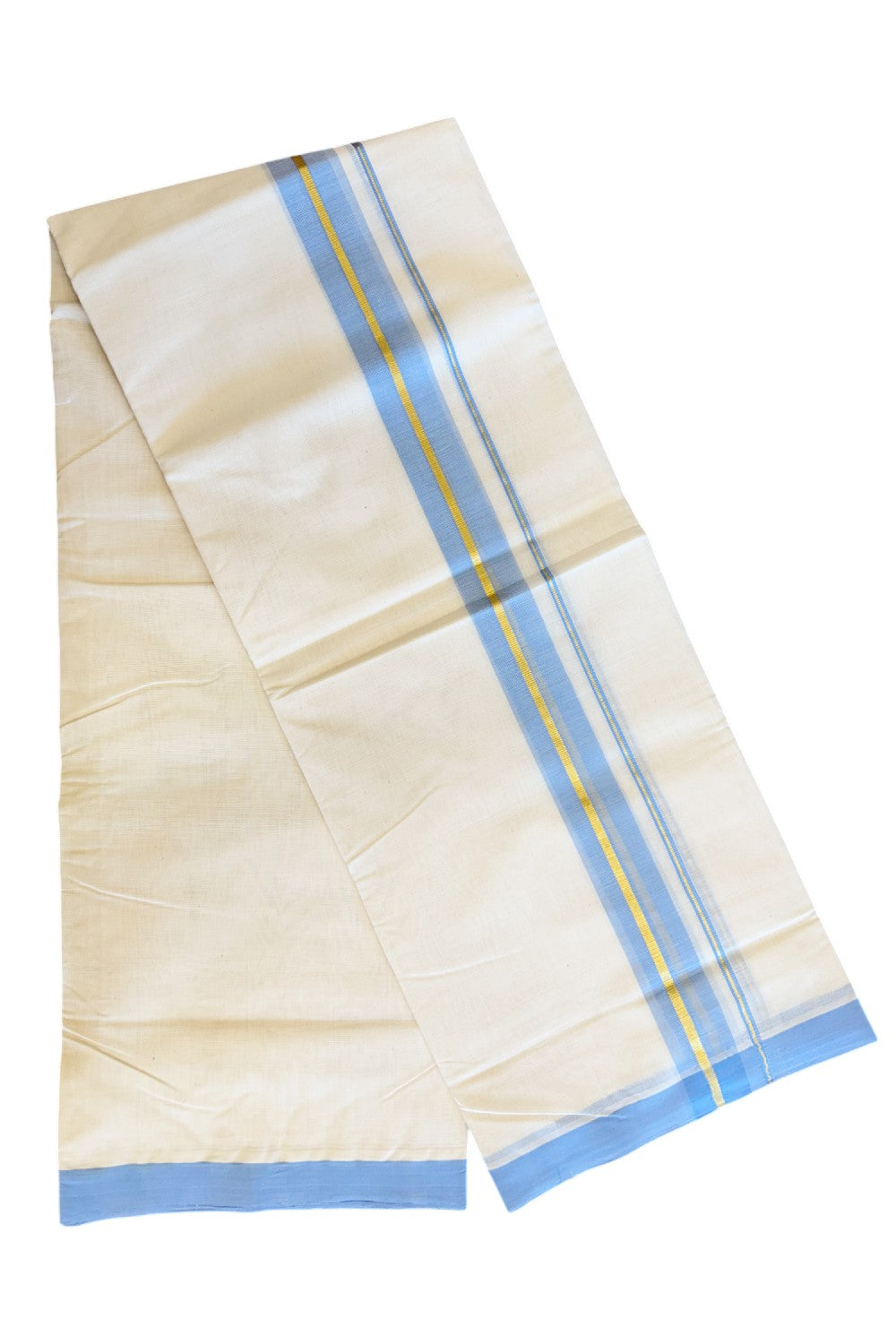 30% DISCOUNT! KaithariKada HANDLOOM Millpaav Balaramapuram - 100% PURE Cotton Off White (Unbleached) - Double Mundu/Dhoti - 2.25 inch Gold Kasavu & Blue Kara- 13