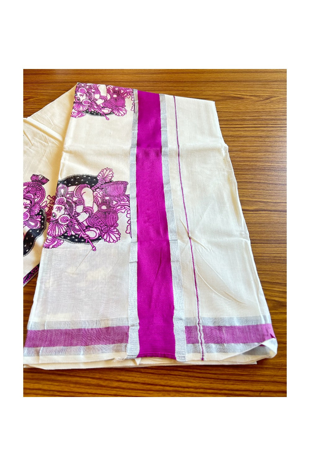25% Discount! Kaitharikada Kerala Saree - Cotton Off white - Silver Kasavu & Pink Zari with Mural Prints-19KK300VIN