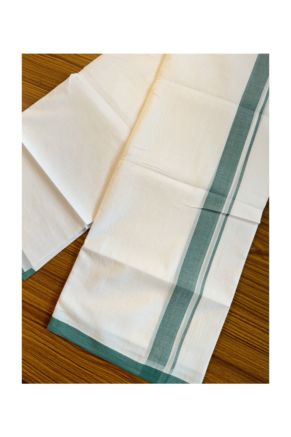 25% Discount! KaithariKada Balaramapuram Handloom 100% Millpaav Cotton Double Mundu/Dhoti Pure white - 100x100 Bottle green Mulloth Border - 19KK404RAM