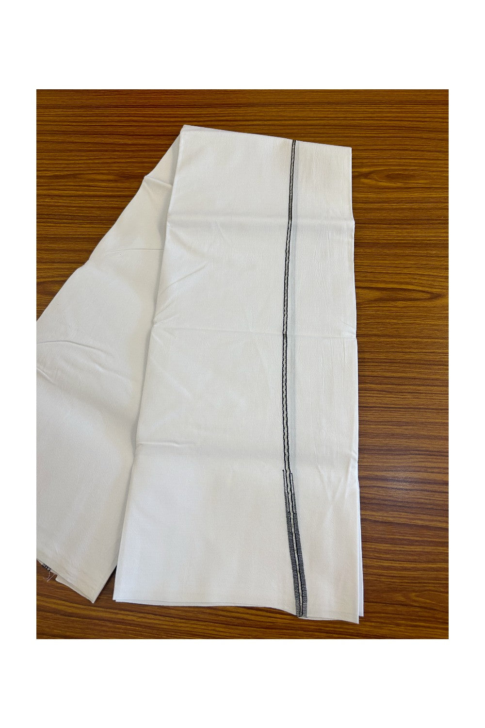 18% DISCOUNT!! KaithariKada Balaramapuram 100% Cotton PURE WHITE Single Mundu/Dhoti-100x100 Puliyilakkara Silver kasavu black chutty (2 meter / 4 muzham) - 19KK487KK
