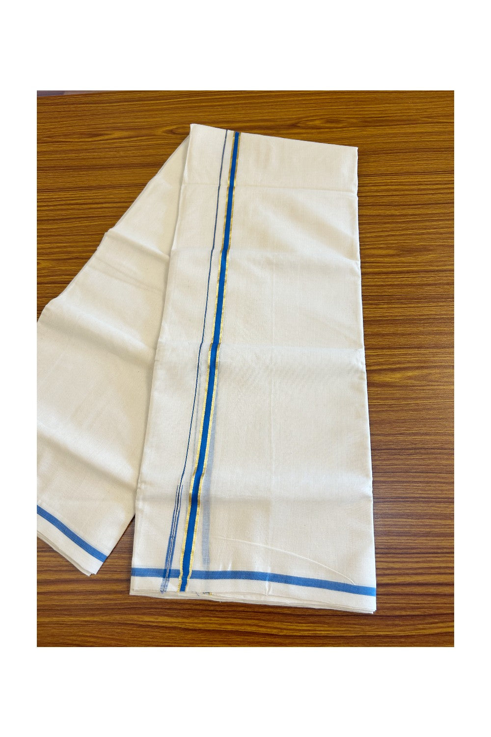 13% Discount!! KaithariKada Handloom Millpaav Balaramapuram - 100% Pure Cotton Off White - (Unbleached) Double Mundu/Dothi - 1.25cm Puliyilakkara side striped Gold kasavu Blue chutty - 19KK498KK