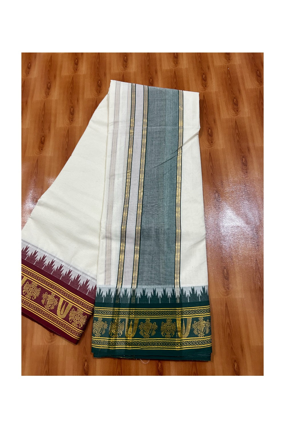 36% DISCOUNT! KaithariKada Cotton Mix- Off White - (Unbleached) -80x80 thread - 80% Cotton & 20% Polyester NORTH INDIAN - ATTACHED GAMCHA 9X5 Dhoti 5inch Green kara with Maroon & Green Kasavu border - 19KK5005PMC