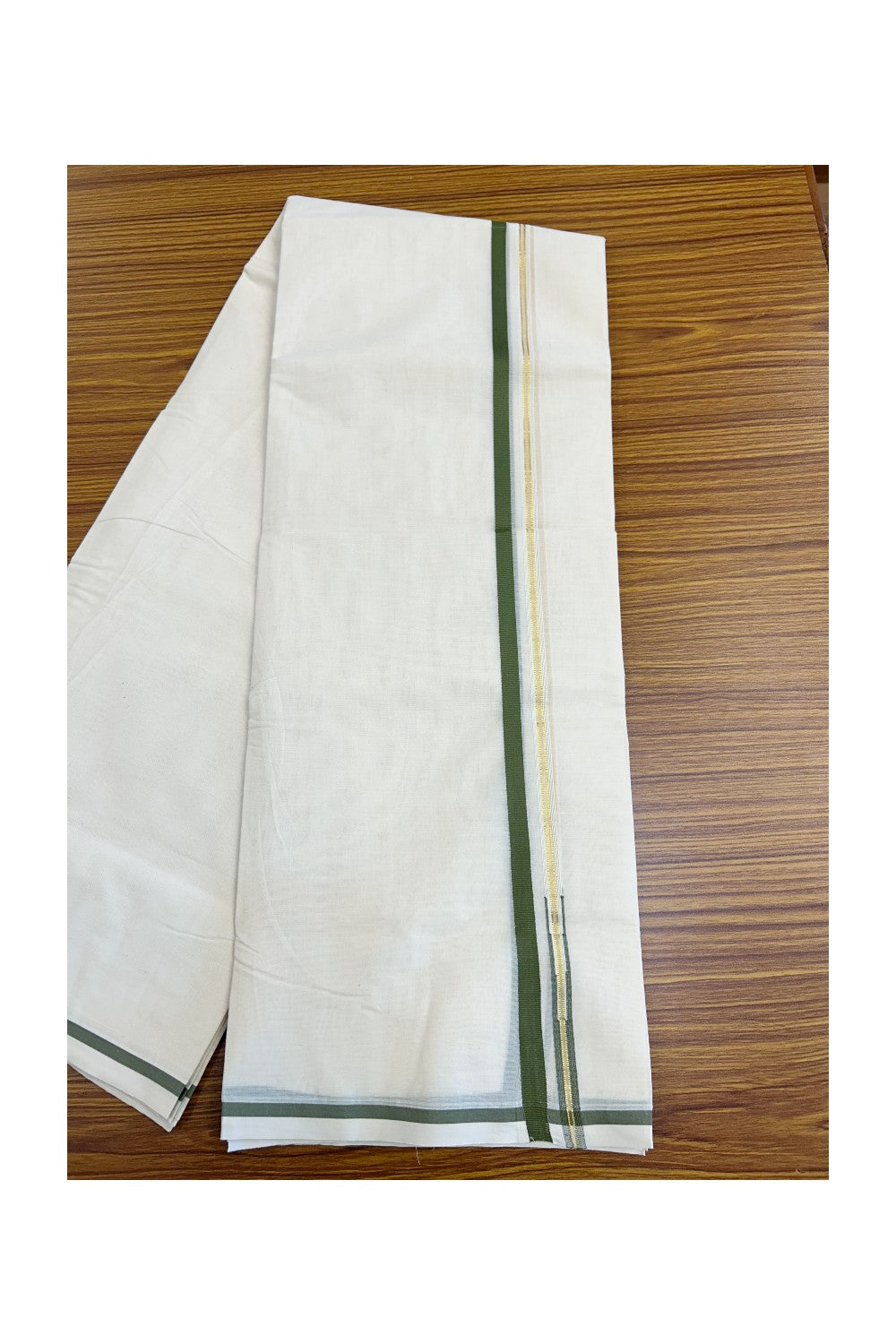 7% Discount Latest!! KaithariKada Balaramapuram 100% Cotton Double Off white - (Unbleached) Mundu/Dhoti-100x100 - 1.cm Puliyilakkara Chutty Dark Sage green & Kasavu Kara - KK8DOT073