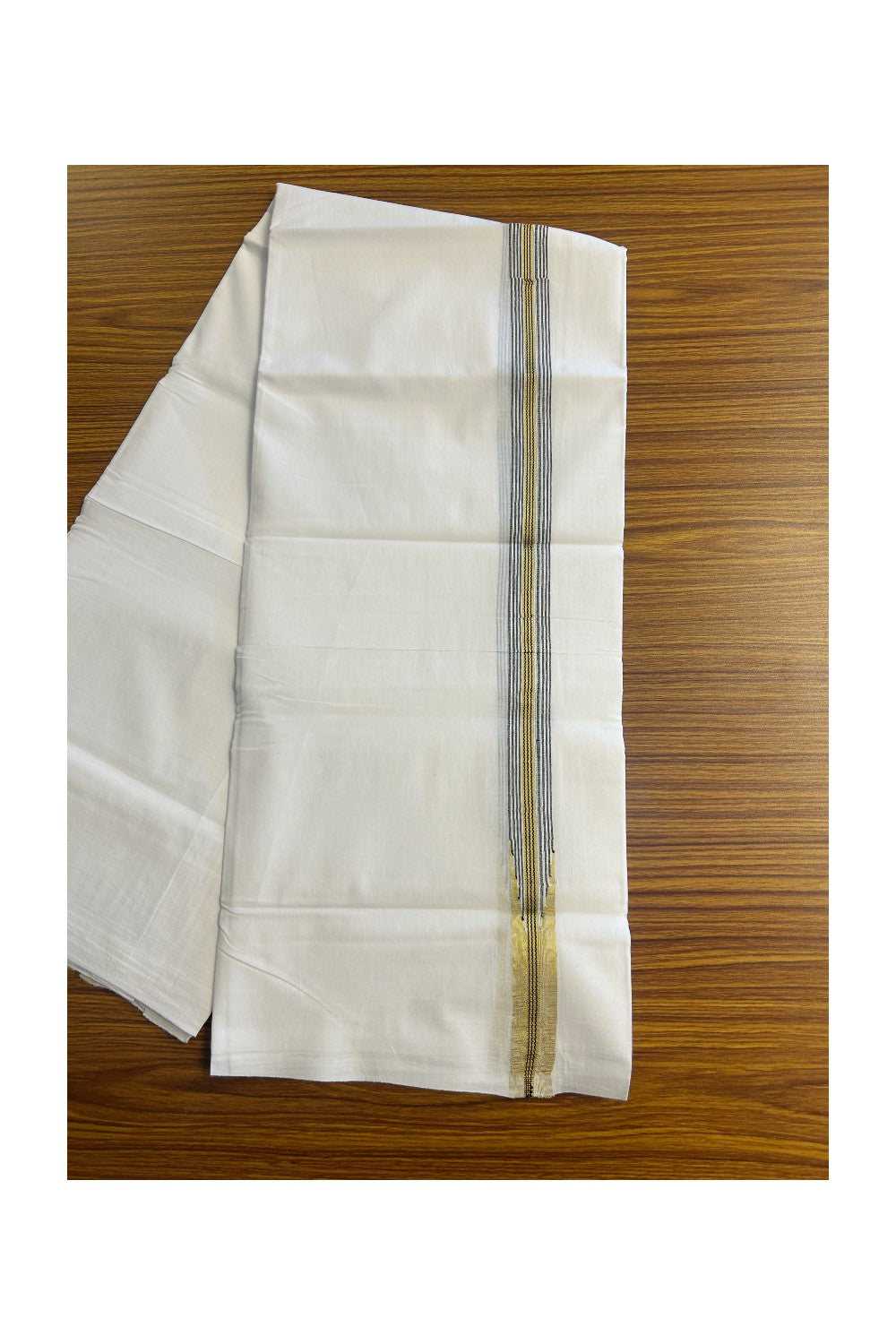 SHORT DHOTI SPECIAL! Kaitharikada.com - 20% Discount! Balaramapuram Double PURE WHITE Mundu/Dhoti - 100X100 - 1 inch Kara & 46 inches Height Puliyilakkara Chutty Gold Kasavu & Black Striped Kara - 17KK5146ASH