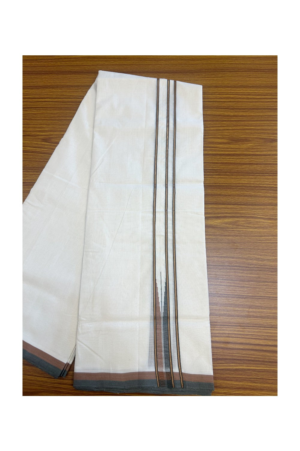 25% DISCOUNT!! KaithariKada HANDLOOM UNAKKUPAAV Balaramapuram - 100% PURE Cotton OFF White - (Unbleached) Double Mundu/Dothi - 100x100 - Kasavu 3 cm Brown & Ash black chutty 3.80 meter (8.5 Muzham) - 32KK5167REA