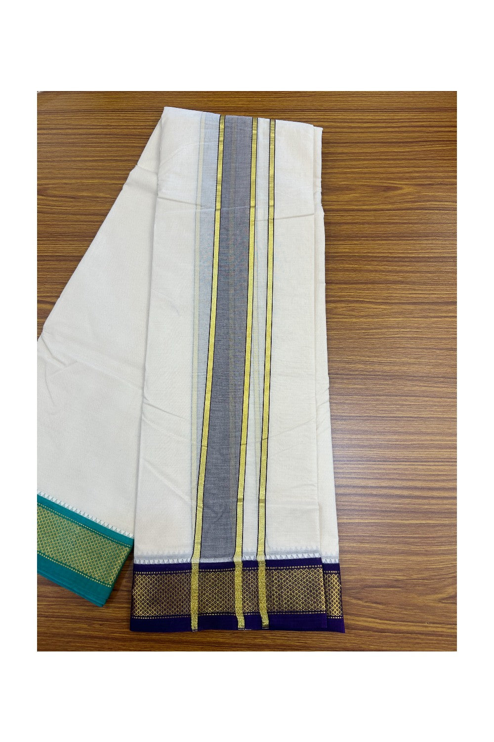 20% DISCOUNT! KaithariKada 100% Cotton Off White - (Unbleached) 100x100 thread - NORTH INDIAN- ATTACHED GAMCHA 9X5 Dhoti 2 inch Dark Brown kara with Deep Violet & Jade Green Kasavu border- 19KK5196PMC