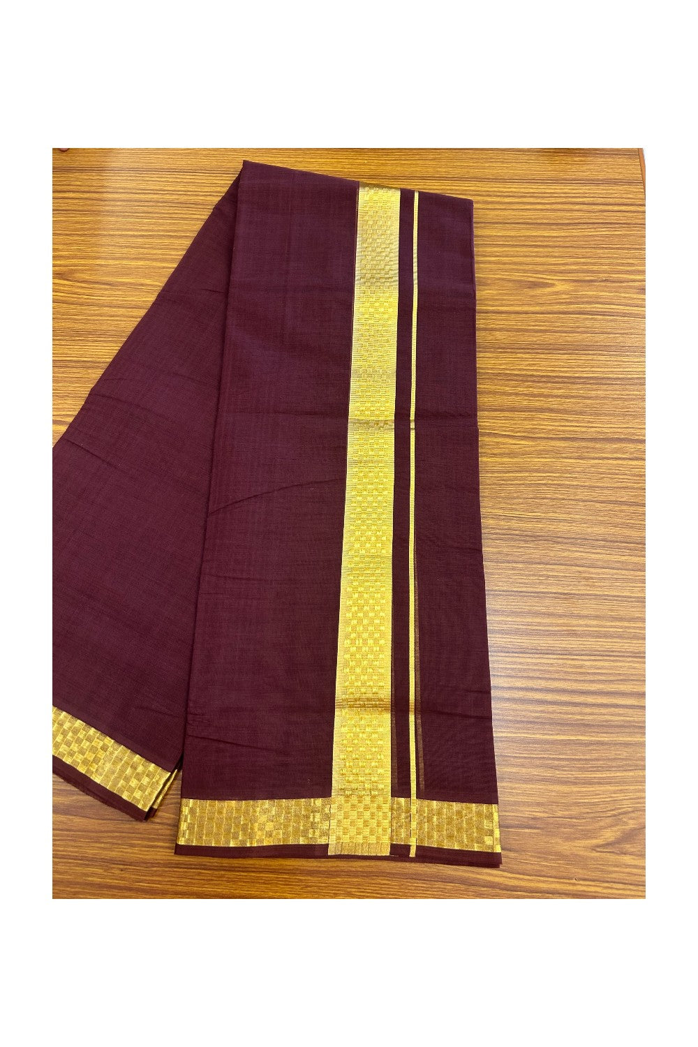 25% Discount! KaithariKada Handloom UNAKKUPAAV Balaramapuram - 100% Cotton Double Mundu/Dhoti - Wine Purple Colour Body - 1.75 inch Gold Kasavu Jacquard Design Kara - 19KK5208ABH