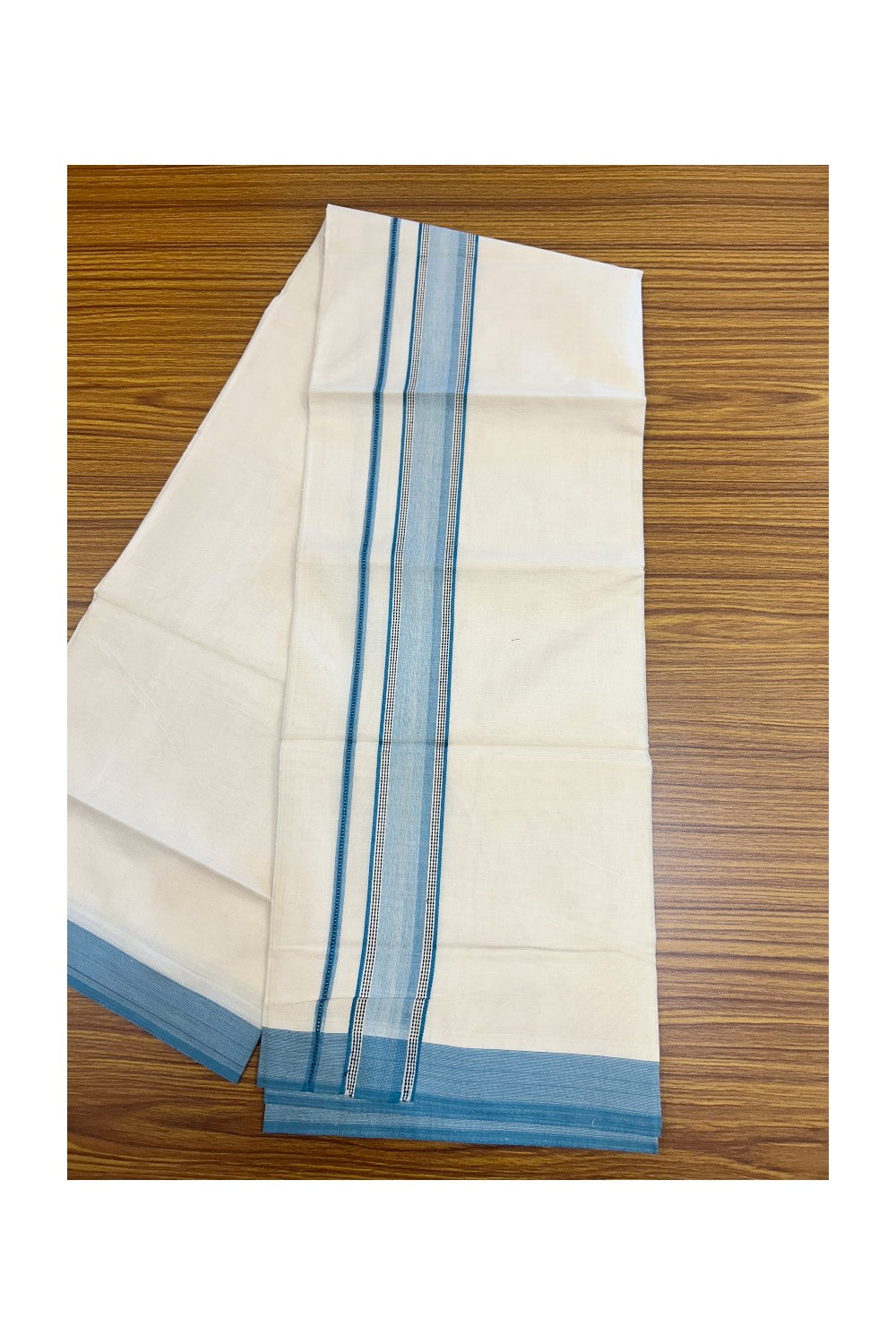 20% DISCOUNT ! KaithariKada Balaramapuram 100% Cotton OFF WHITE (Unbleached) Double Mundu/Dhoti - 100X80 - 1.75 inch Peacock Blue & Black Shaded Designer Kara - 19KK5213 VIN