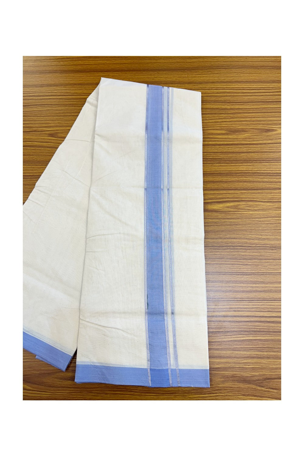 NEW !! 20% DISCOUNT!! KaithariKada Balaramapuram 100% Cotton Double Off white - (Unbleached) Mundu/Dhoti-100x80 - 1.5 inch Silver Kasavu & Lavender Blue Shaded Striped KARA - 3.75 mtr (8 Muzham) - 19KK5218 ASH