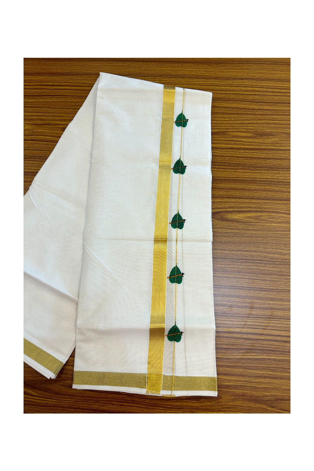 22% Discount!! KaithariKada Balaramapuram 100% Cotton DOUBLE OFF WHITE - (Ubleached) Mundu/Dhoti - 80x90 - 1 inch Gold Kasavu with Green Leaf & Flute Printed Design Kara - 19KK5219 GAN