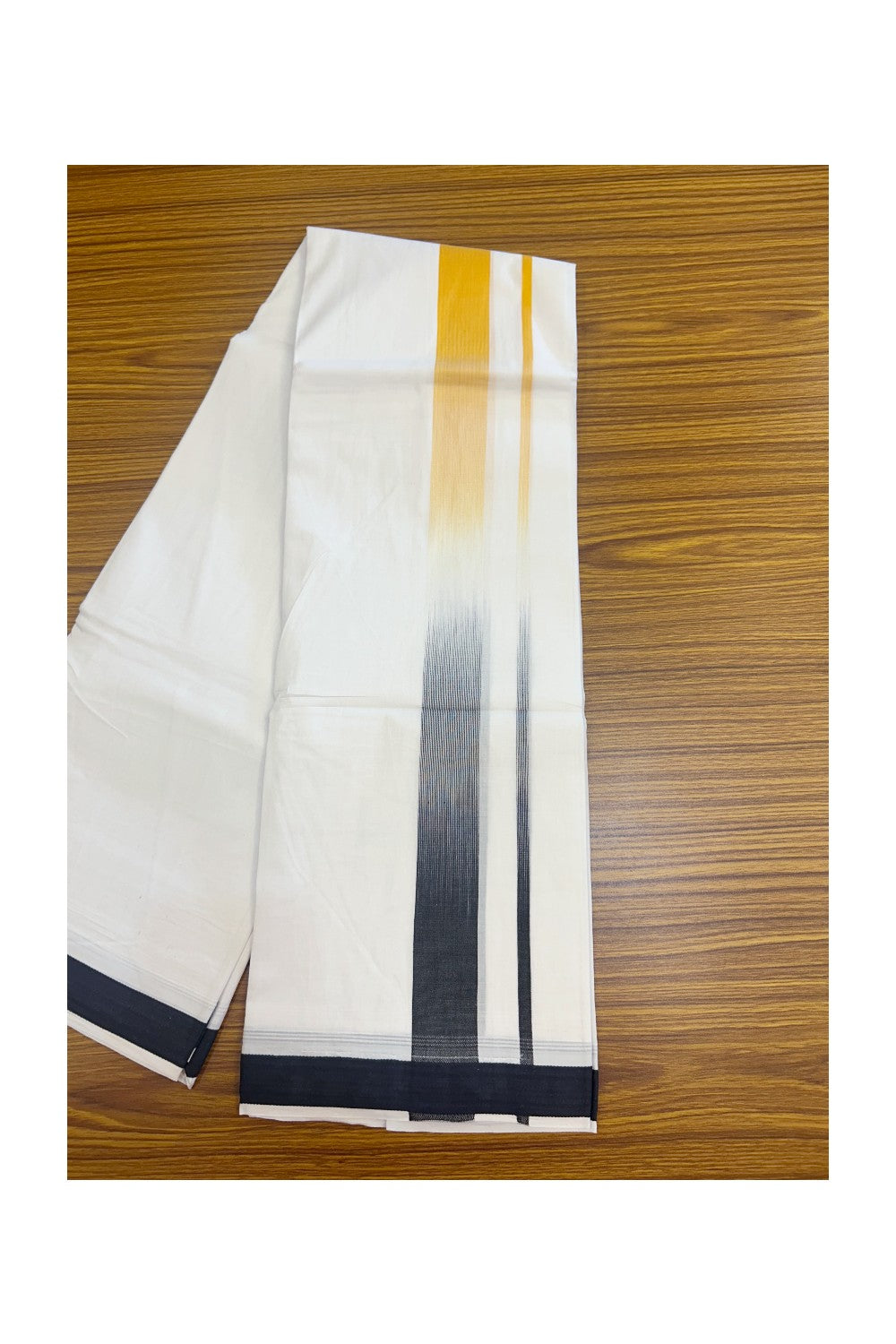 20% Discount!!! KaithariKada Balaramapuram Double PURE WHITE RAINBOW Mundu/Dhoti - 100X80 - 1.5 inch Black & Orange Yellow shaded Striped Designer Kara - 19KK5220 THI
