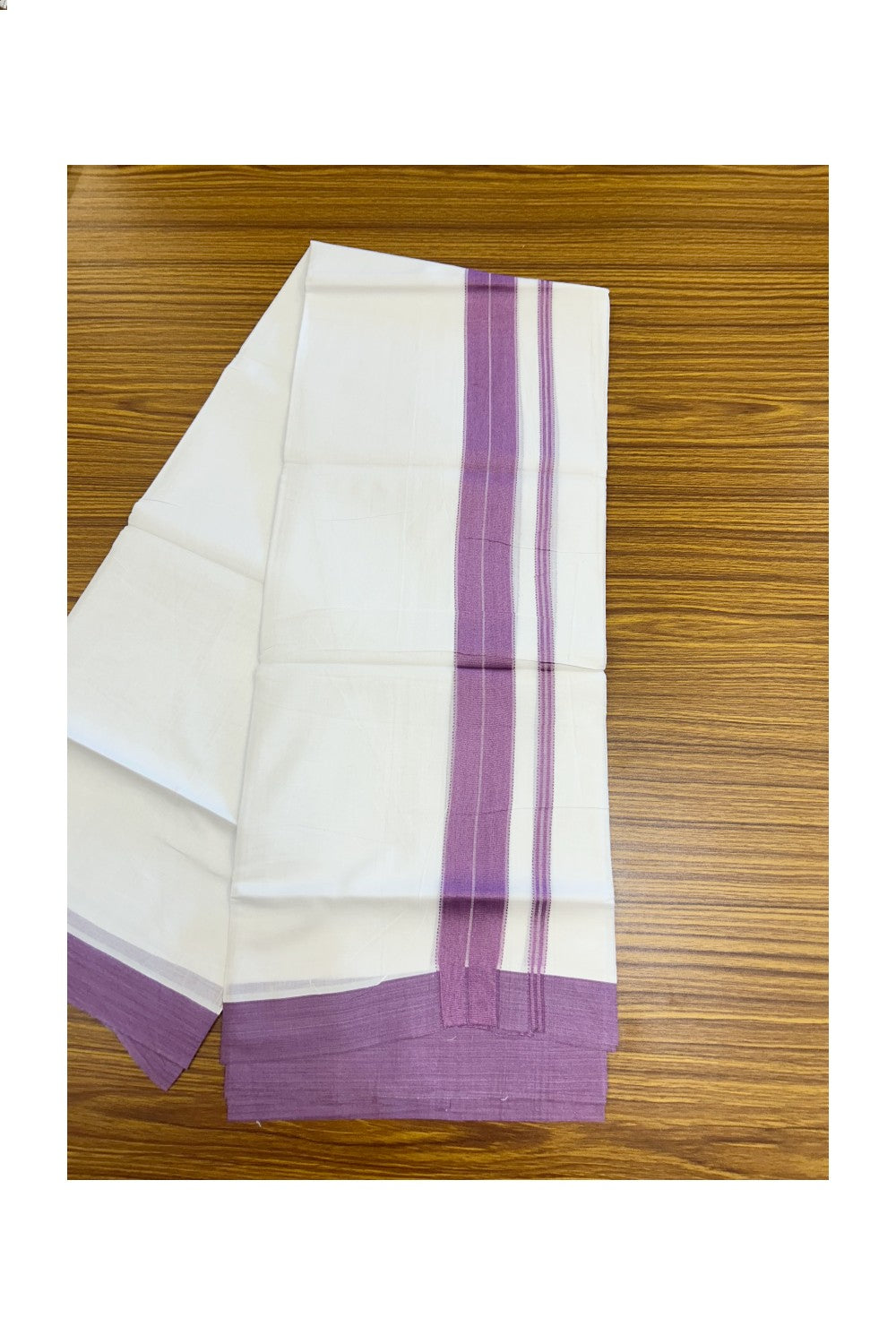 20% DISCOUNT! KaithariKada Balaramapuram 100% Cotton Double Pure white Mundu/Dhoti- 100x80 - 1.75 inch Purple Pink Striped Kara - 3.76mtr ( 8 muzham) - 19KK5227 PMC