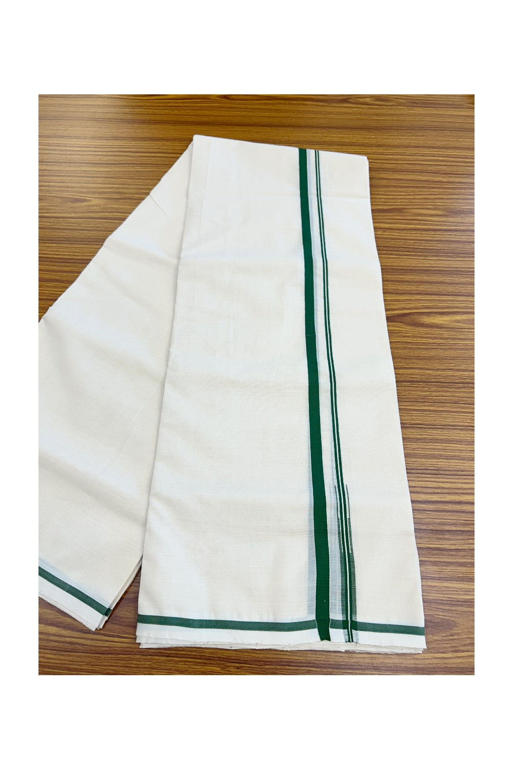 25% Discount KaithariKada HANDLOOM Millpaav Balaramapuram - 100% PURE Cotton OFF WHITE (Unbleached) Double Mundu/Dhoti - 80X90 - Puliyilakkara 1 cm Green Chutty Kara 4 mtr (8.5 muzham)- 19KK5234 RAM