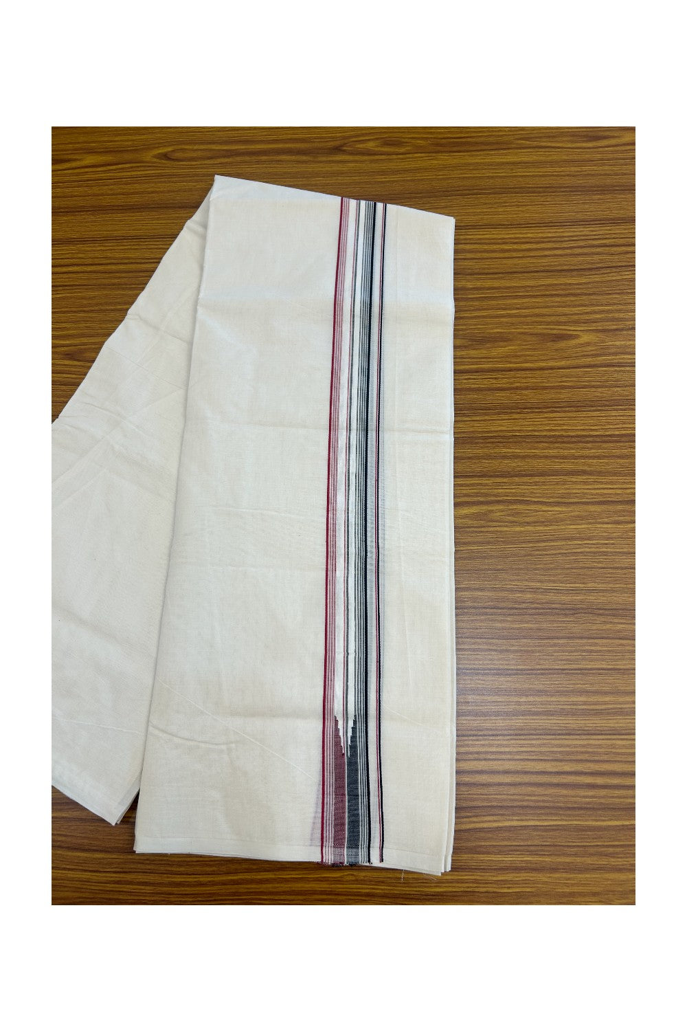 ADMK VESHTI 20% Discount !! KaithariKada Balaramapuram Double Off white - (Unbleached) Mundu/Dhoti - 100X100 - 1.5 inch Puliyilakkara Maroon Red & Black Striped Chutty Kara -4 mtr (8.5 muzham)- 19KK5238 ASH