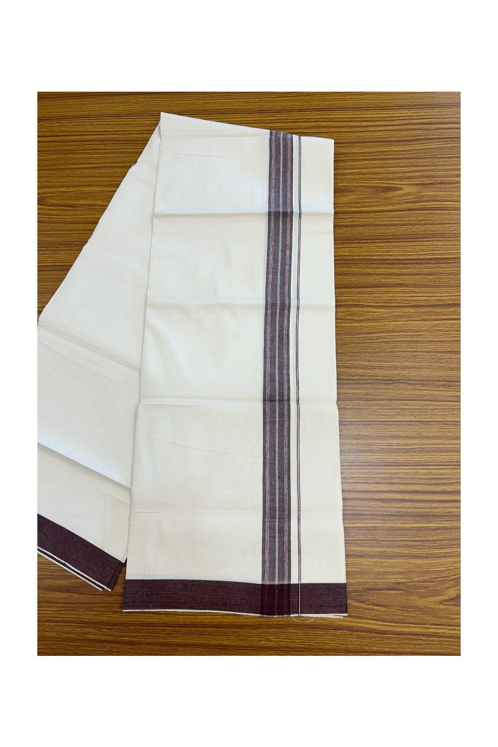 24% Discount !! KaithariKada Balaramapuram 100% Cotton OFF WHITE (Unbleached) Single Mundu/Dhoti - Twisted 60s Thread - 1.25 inch Silver kasavu Dark Maroon White & Navy blue shaded striped Kara (2 meter / 4 muzham) - 48KK5241 GL