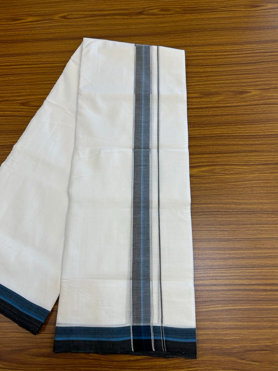 25% Discount!! NEW ULTRA PURE WHITE HANDLOOM Balaramapuram - 100% MERCERISED Cotton Double Mundu/Dhoti - 120 twisted warp x 80s weft - Blue Black Silver Kasav Kara- 19KK5248 REA