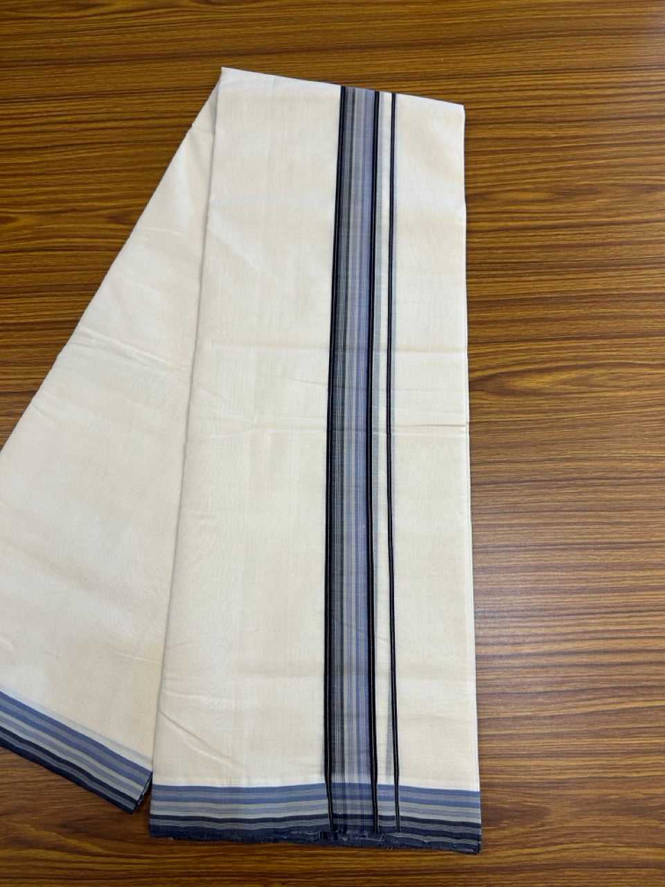 25% DISCOUNT!! KaithariKada HANDLOOM UNAKKUPAAV Balaramapuram - 100% PURE Cotton OFF White - (Unbleached) Double Mundu/Dothi - 100 x 80 - 1.5 inch Blue Black Ash Strip Kara 3.80 meter (8.5 mulam) - 19 KK5249 REA