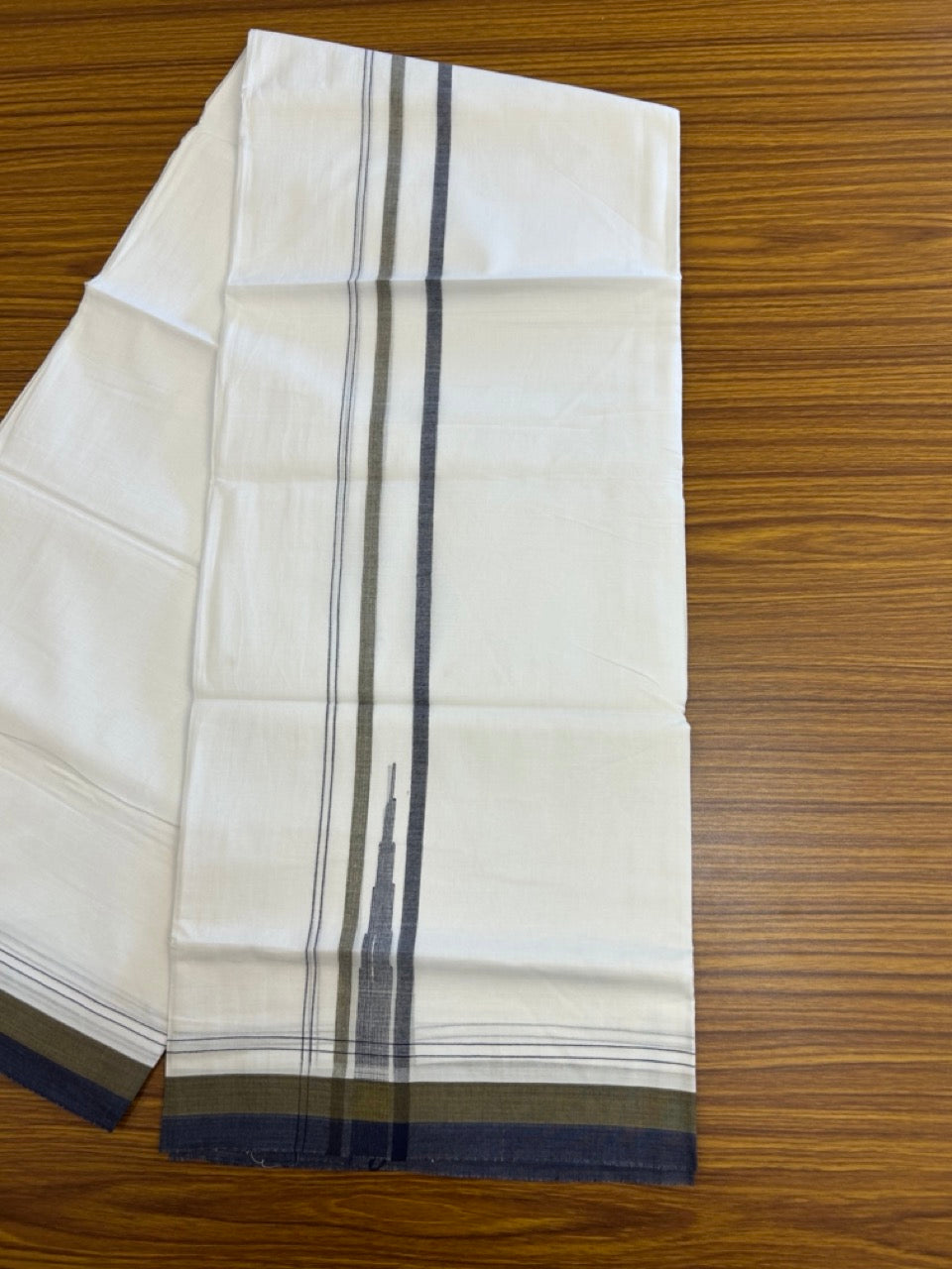 20% Discount ! NEW! KaithariKada Balaramapuram 100% Cotton Pure white Double Mundu/Dhoti - (100x80)s - 1.5 inch Navy Sage Green chutty - 19 KK5249 VIN