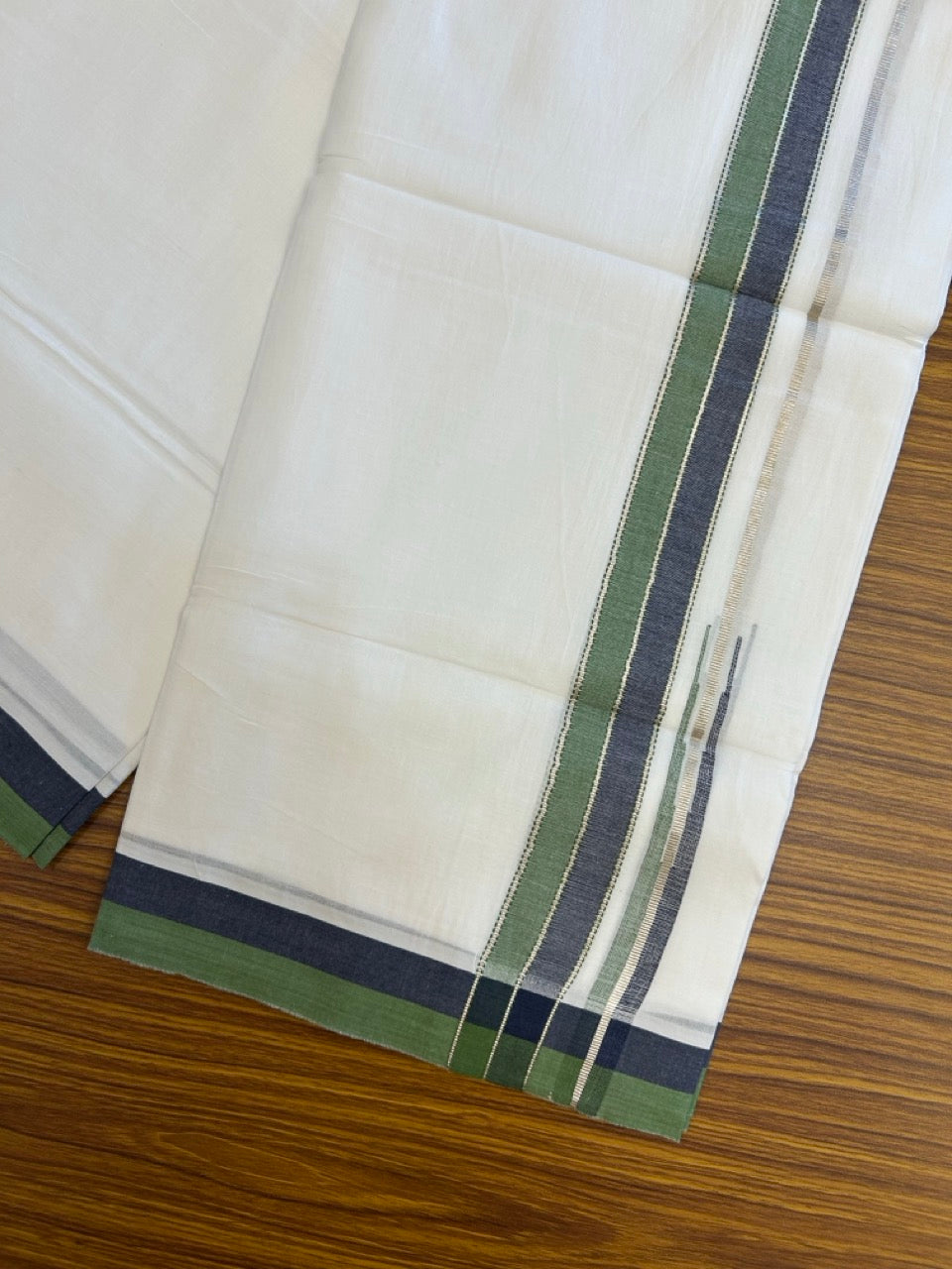 26% Discount ! NEW! KaithariKada Balaramapuram 100% Cotton Pure white Double Mundu/Dhoti - (100x80)s - Green Navy Blue Chutty Silver Kasav - 19 KK5252 CKS